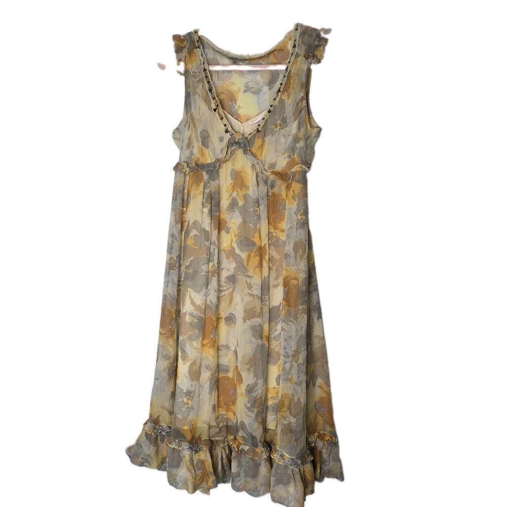 Rebecca Taylor Silk Blend Floral Ruffle Dress Womens 8 Yellow Gray... - Picture 2 of 7